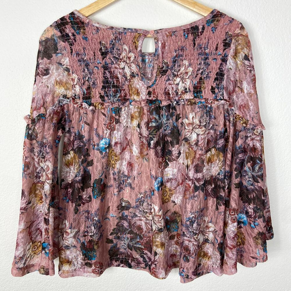Anthropologie Akemi + Kin Patrizia Floral Blouse Size XS Pink Lace Peasant Top - Picture 9 of 13